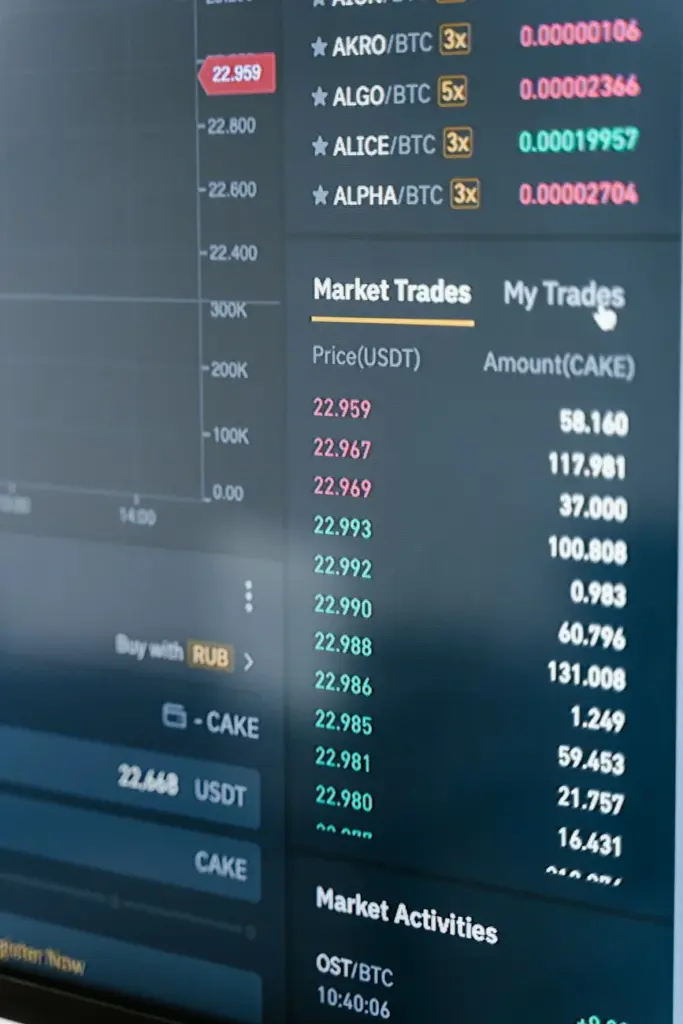 Close-up of a cryptocurrency trading screen showing market trades and activities.