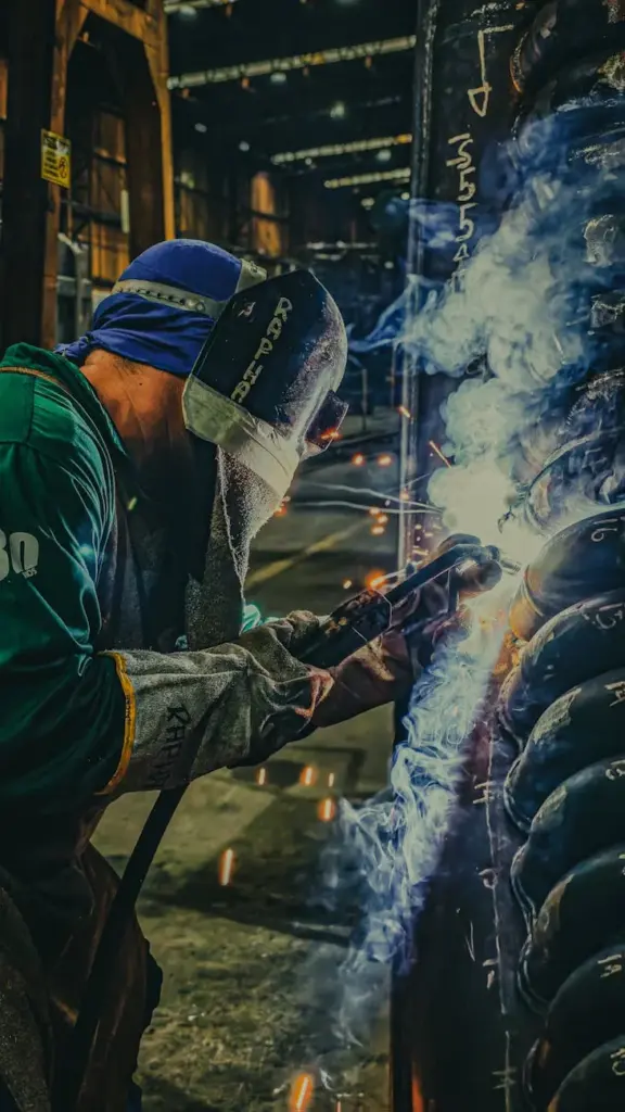 Skilled welder working in a factory, showcasing sparks and safety gear during metal fabrication.