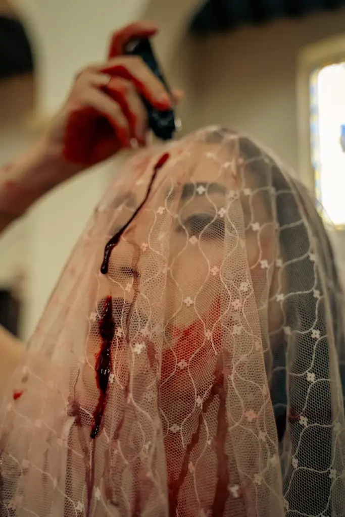 Dramatic artistic portrait of a veiled woman with red liquid creating a visually striking effect.