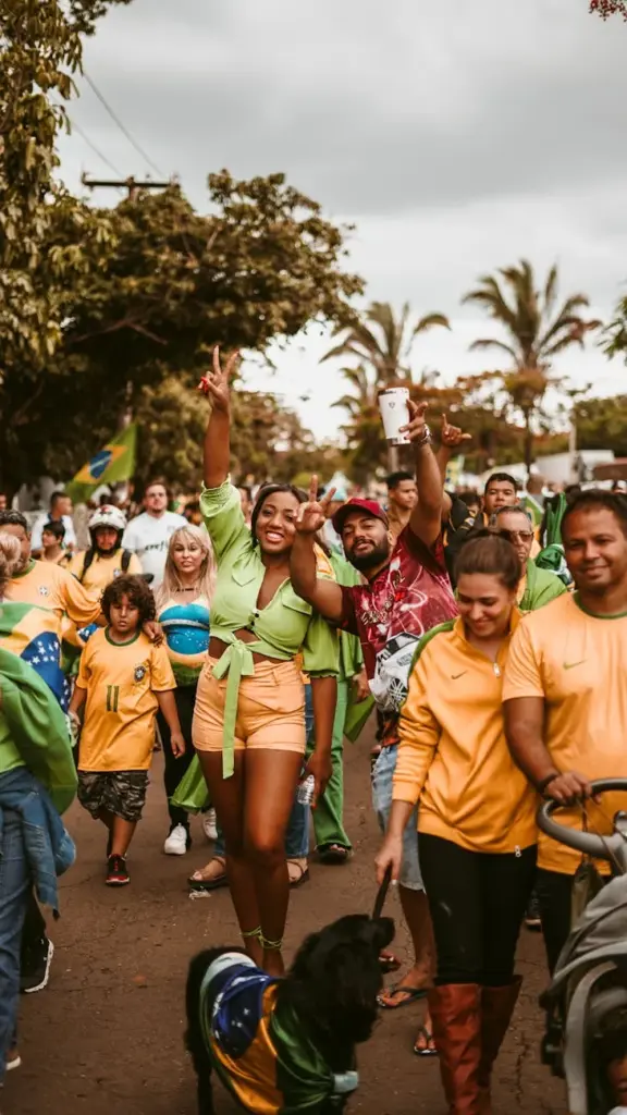 Joyful group of people celebrating in Brazil, dressed in green and yellow.