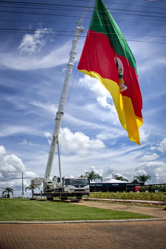 Bright flag hoisted by a crane against a clear blue sky, showcasing a vibrant outdoor scene.