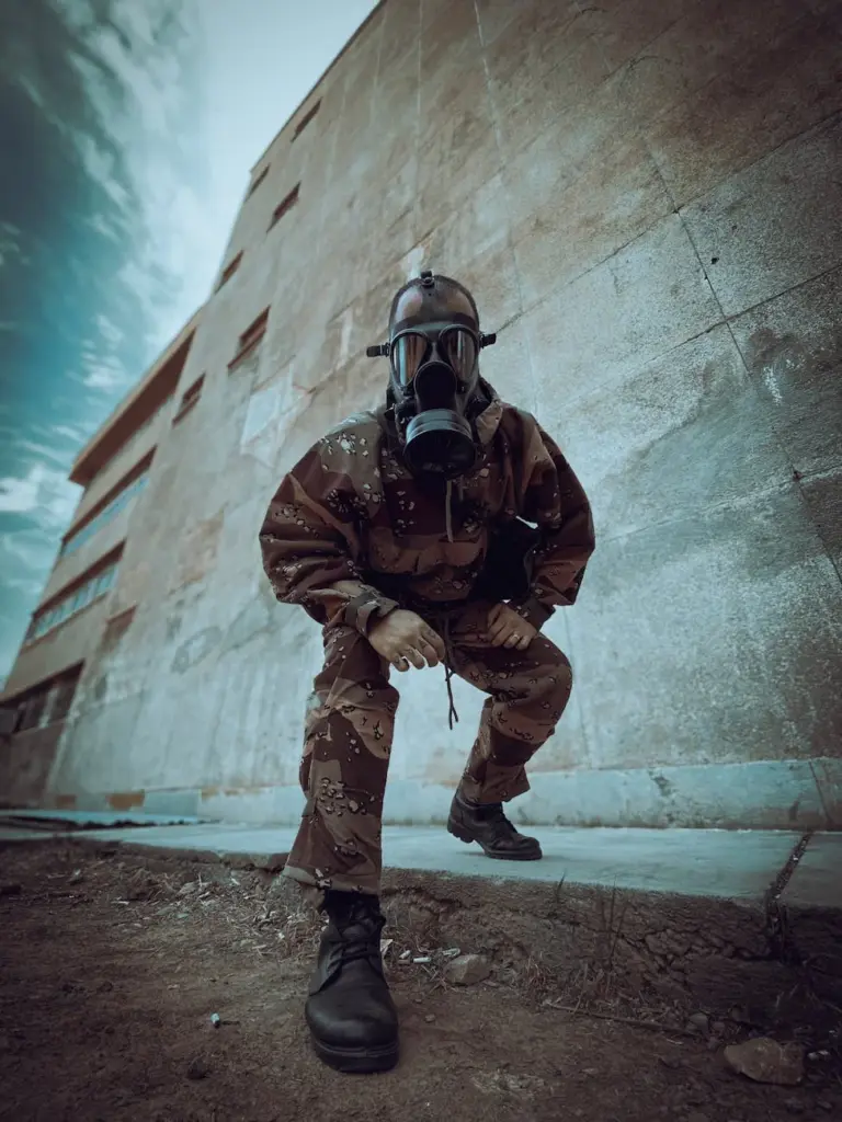 A person wearing a gas mask and protective outfit crouches outdoors near a building.