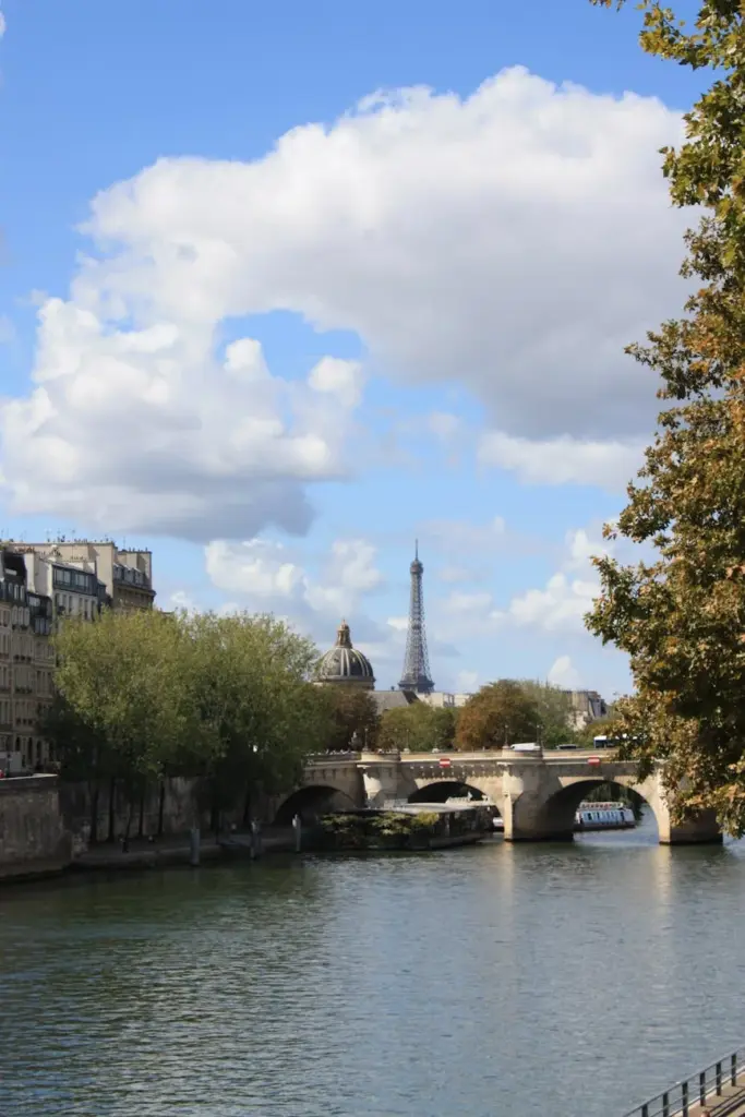 Scenic view of the Eiffel Tower and Seine River under a blue sky in Paris, France.