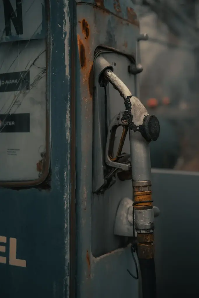 A close-up of a rusty, abandoned fuel pump at a gas station in Prackenbach, Germany.