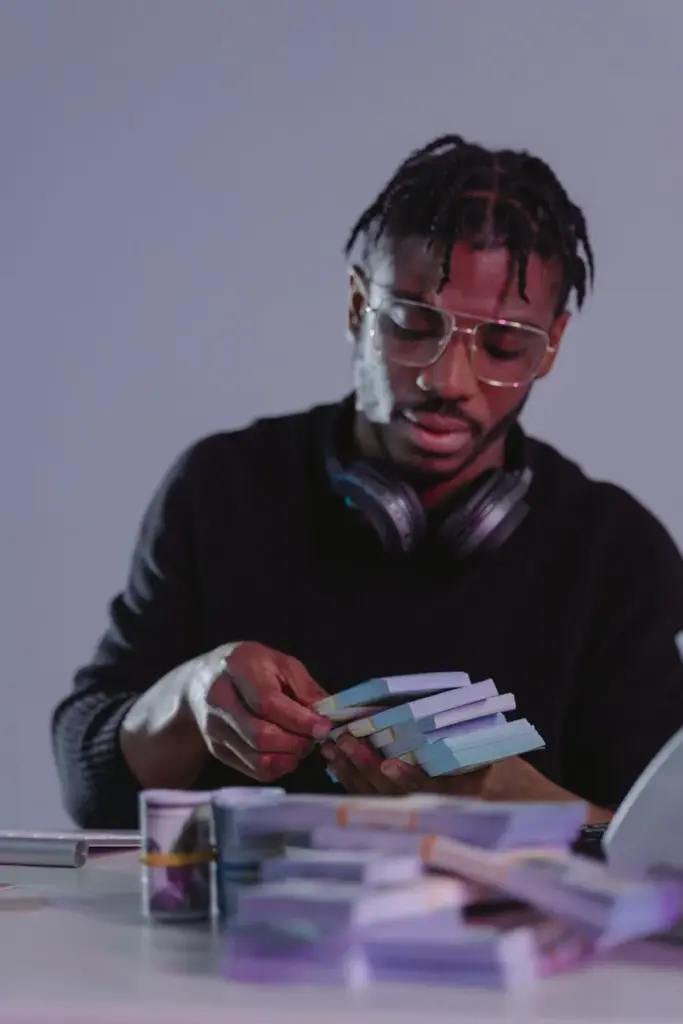 Portrait of a young man wearing glasses, counting cash indoors.