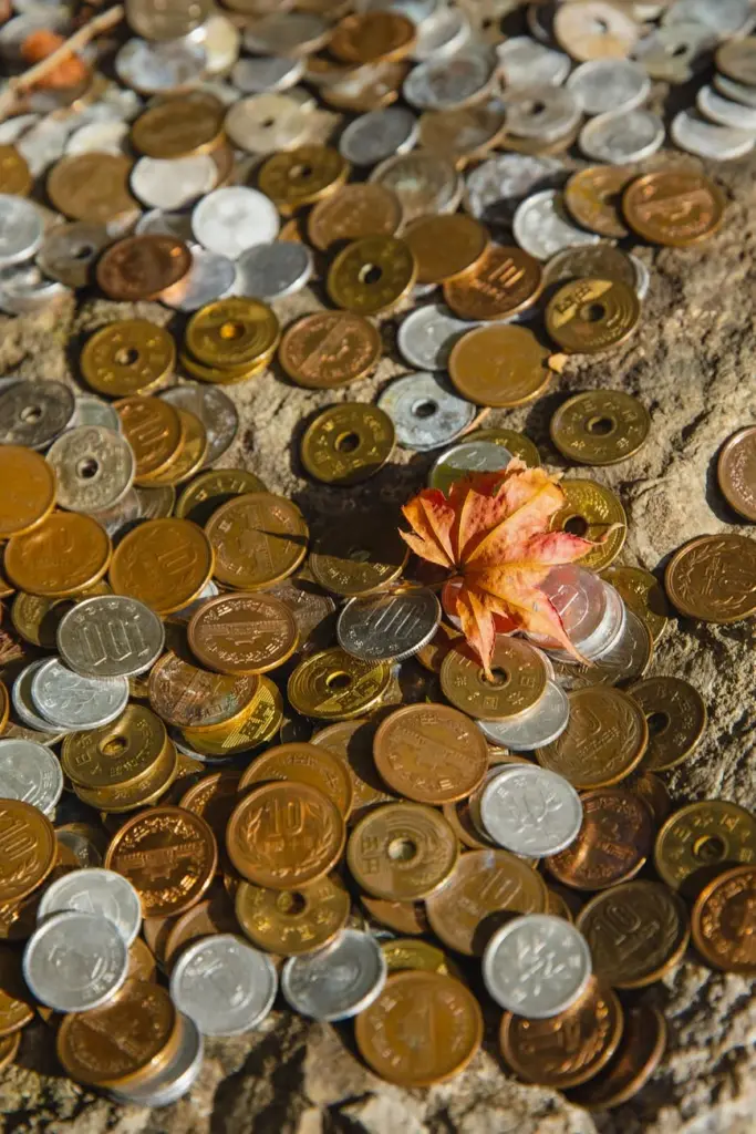 High angle of various golden and silver coins scattered on rough stone surface with small red leaf in sunny day in fall