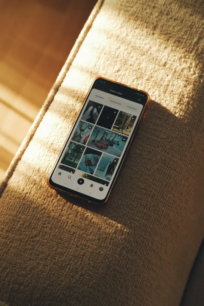 A smartphone with app interface visible rests on a fabric couch in sunlight, showcasing technology and leisure.