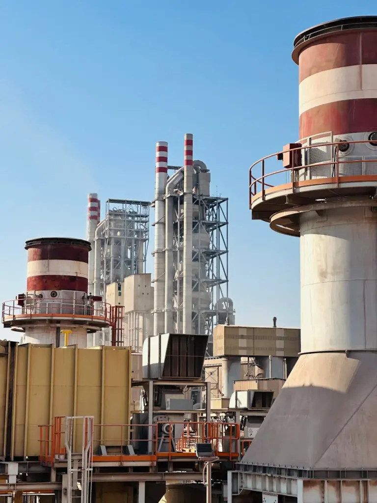 A power plant in Saudi Arabia with multiple chimneys and turbines under clear blue skies.