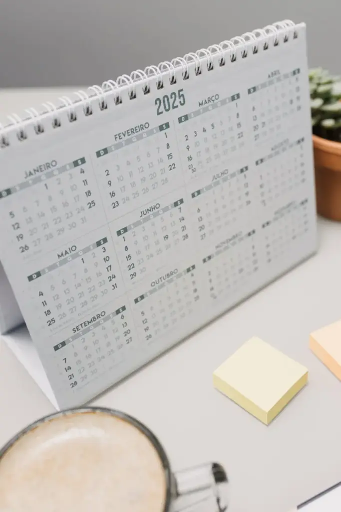Close-up of a 2025 desk calendar with coffee and sticky notes in an office setting.