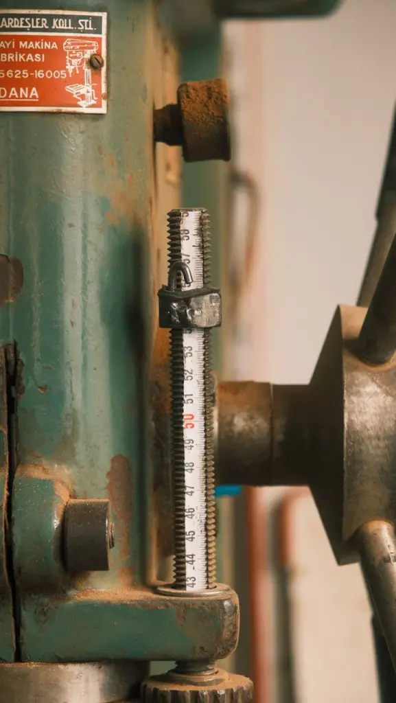Close-up of a vintage industrial machine with rusted elements and measurement scale.