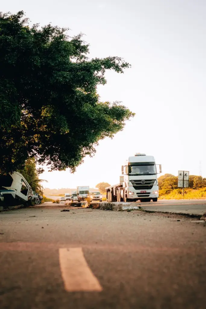 White trucks travel on an open highway under trees, during sunset in a calm travel scene.