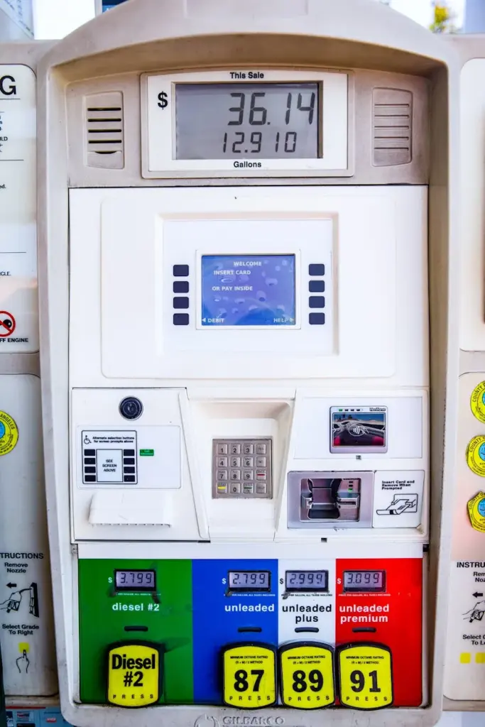 Gas pump with diesel and unleaded fuel options and digital screen in Los Angeles, CA.
