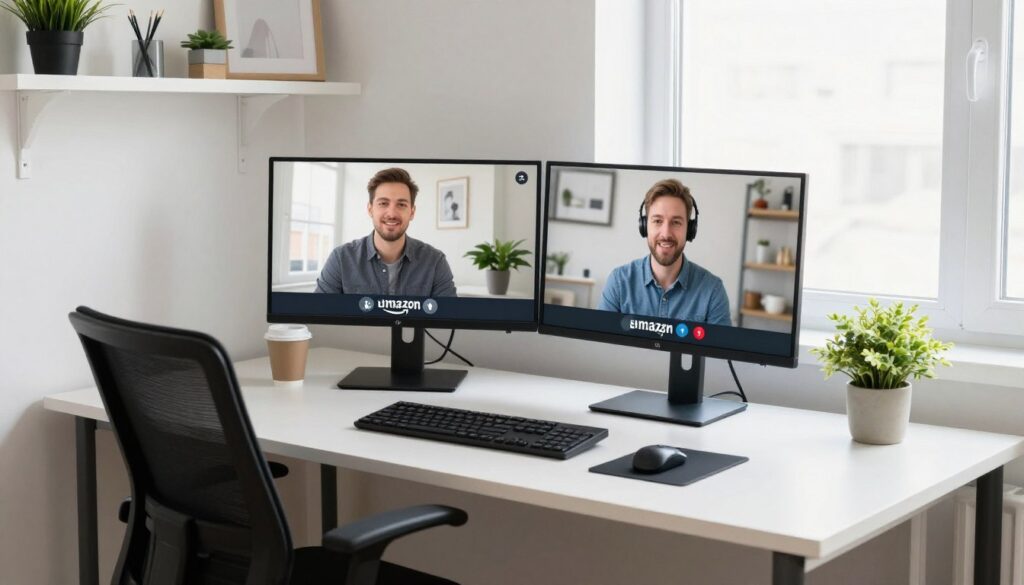 Amazon employee working remotely from home office setup Amazon employee working remotely from home office setup