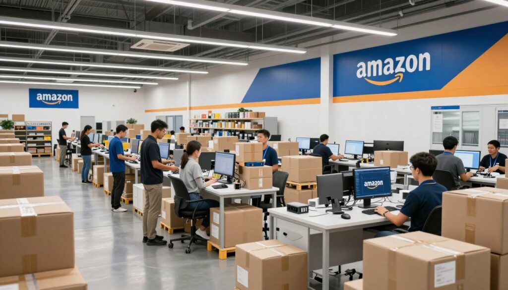 Amazon fulfillment center with employees working in modern warehouse environment