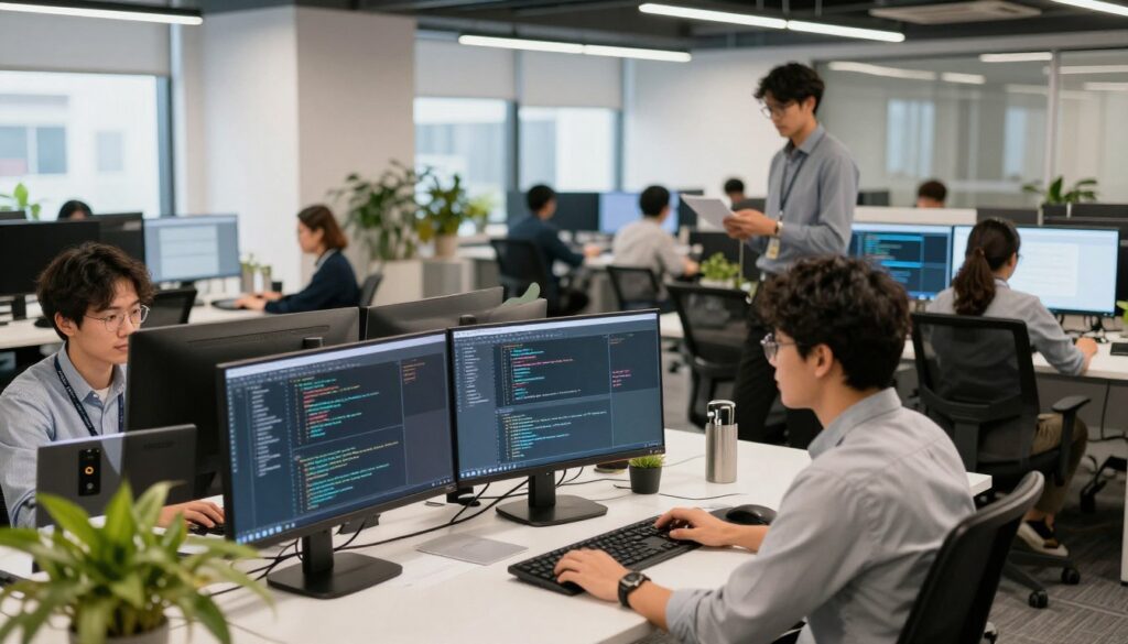 Amazon software engineers collaborating on code in modern tech office Amazon software engineers collaborating on code in modern tech office