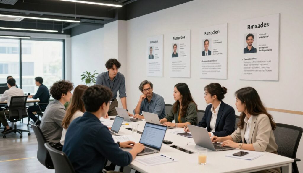 Amazon team collaborating in modern office space with leadership principles on wall Amazon team collaborating in modern office space with leadership principles on wall