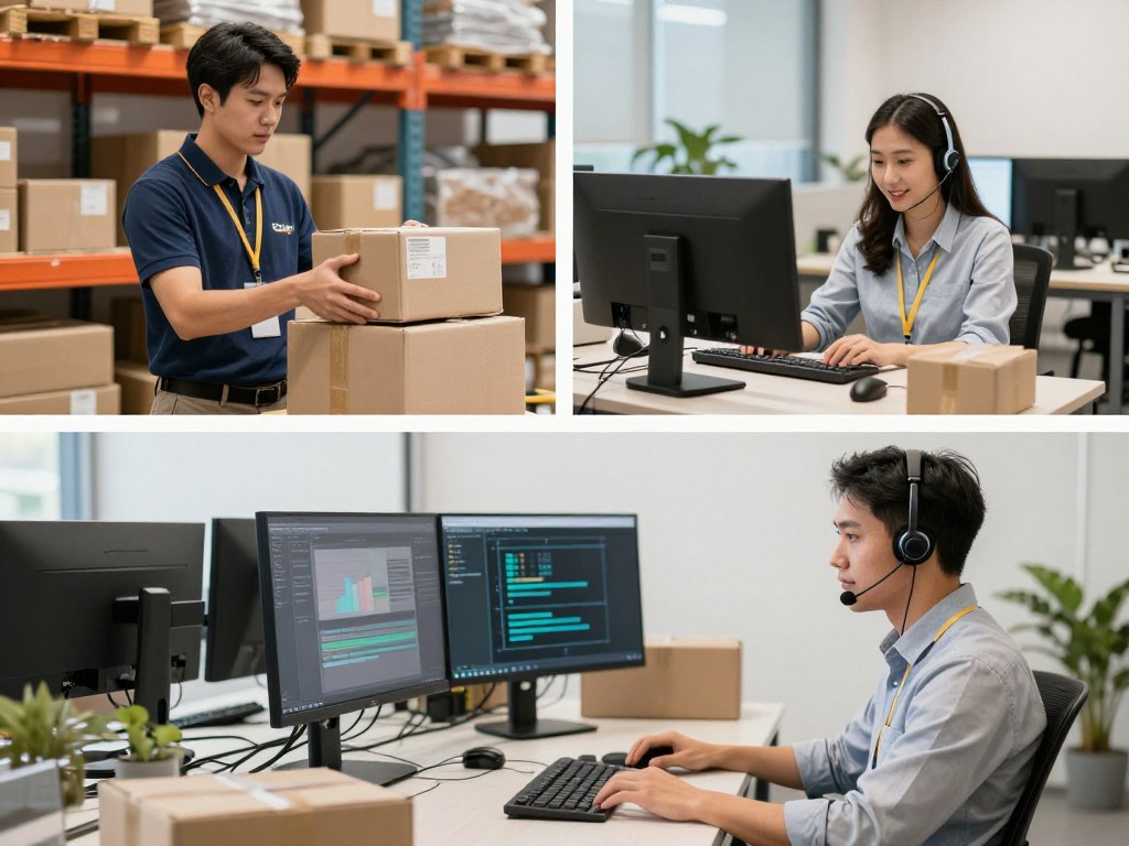 Collage showing different Amazon job roles including warehouse worker, software engineer, and customer service representative Collage showing different Amazon job roles including warehouse worker, software engineer, and customer service representative