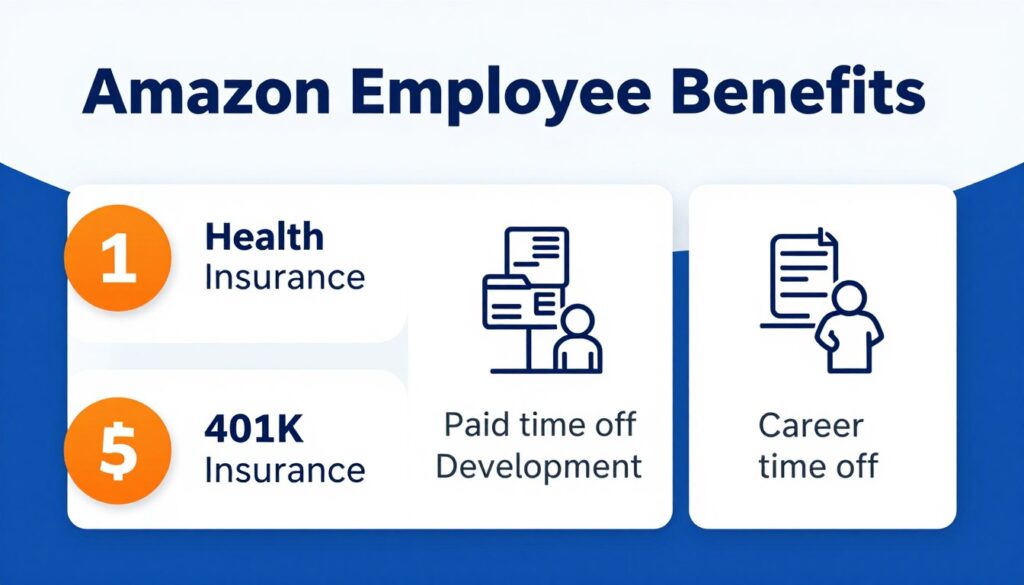 Infographic showing Amazon employee benefits including health insurance and retirement plans Infographic showing Amazon employee benefits including health insurance and retirement plans