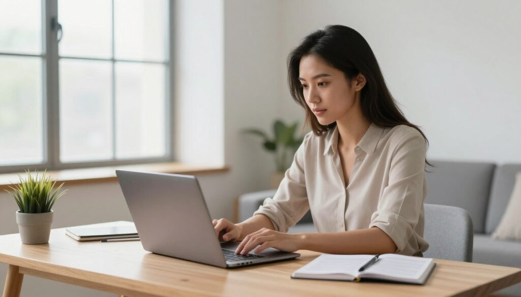 Professional woman submitting online job application on laptop Professional woman submitting online job application on laptop