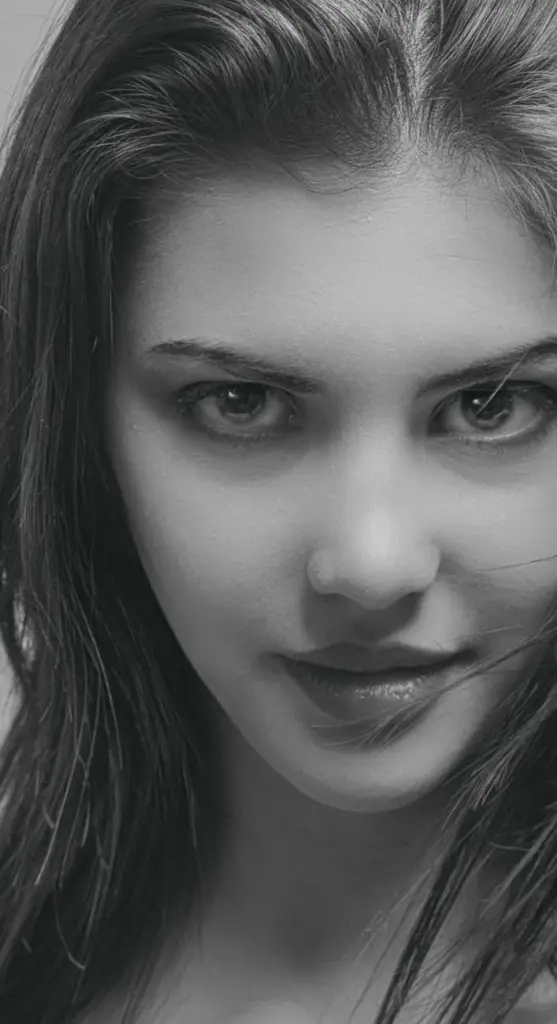 Black and white close-up of a young woman's intense gaze in a classic portrait style.