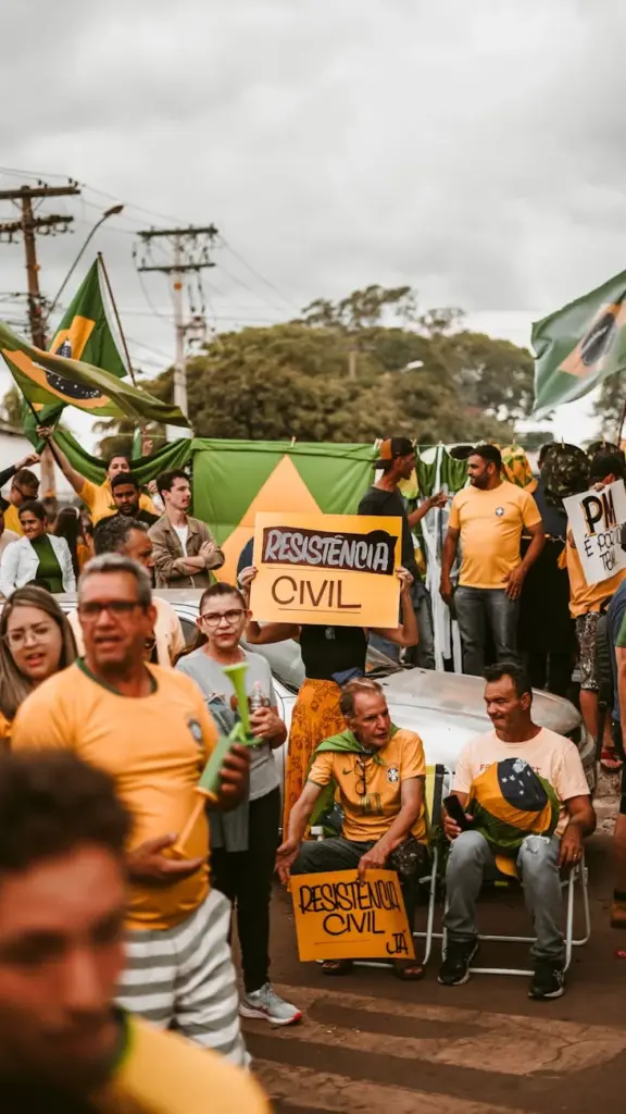 A dynamic scene of a peaceful protest in Brazil with a large, diverse crowd carrying flags and posters.