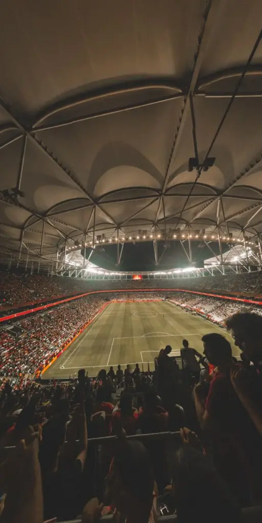 From above of spectators sitting in stands while observing empty green rectangular soccer field under artificial lights before match