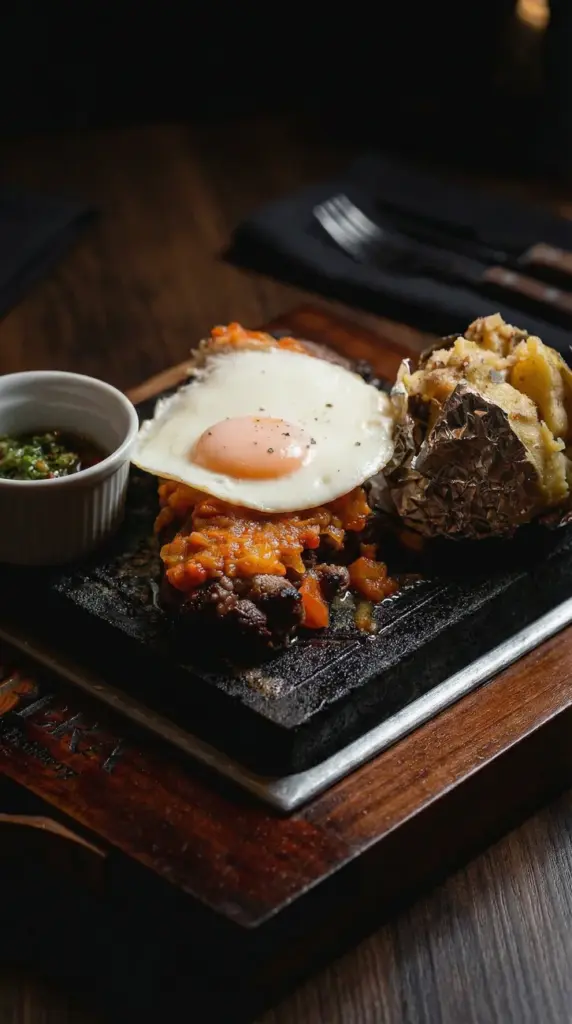 A deliciously presented Colombian Bandeja Paisa with an egg, meat, and baked potato on a hot plate.