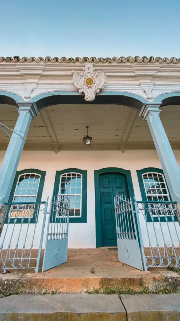 Charming colonial house facade with ornate details in Tiradentes, Brazil.