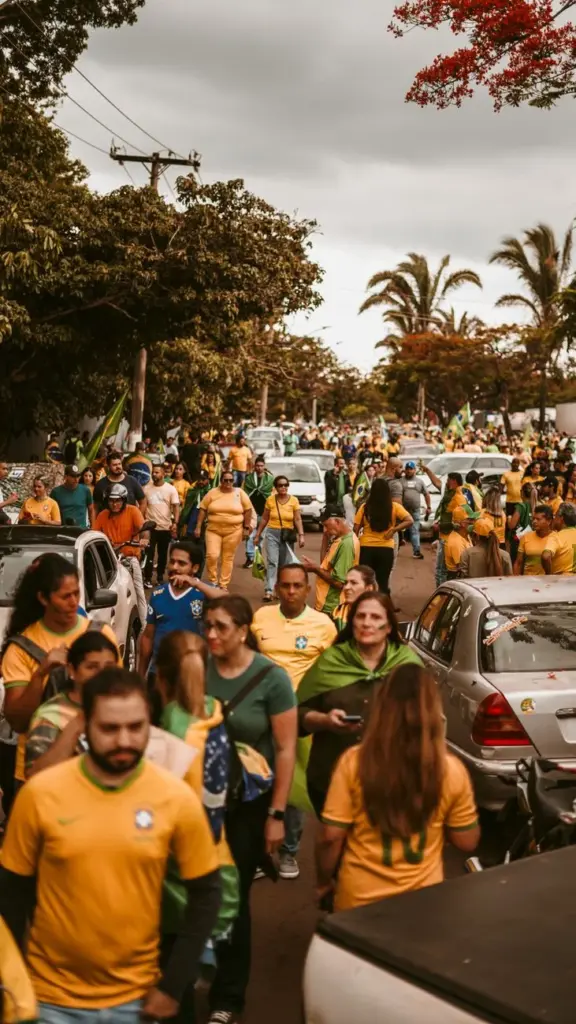 A vibrant street parade in Brazil with a crowd celebrating in yellow jerseys under a cloudy sky.