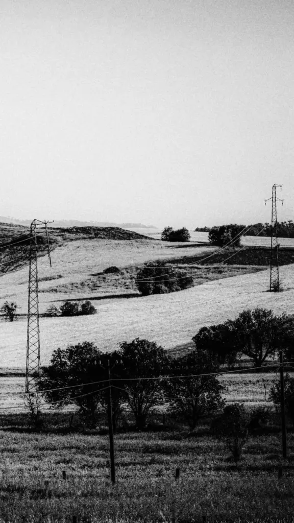 A rural landscape featuring rolling hills and power lines, captured in black and white.