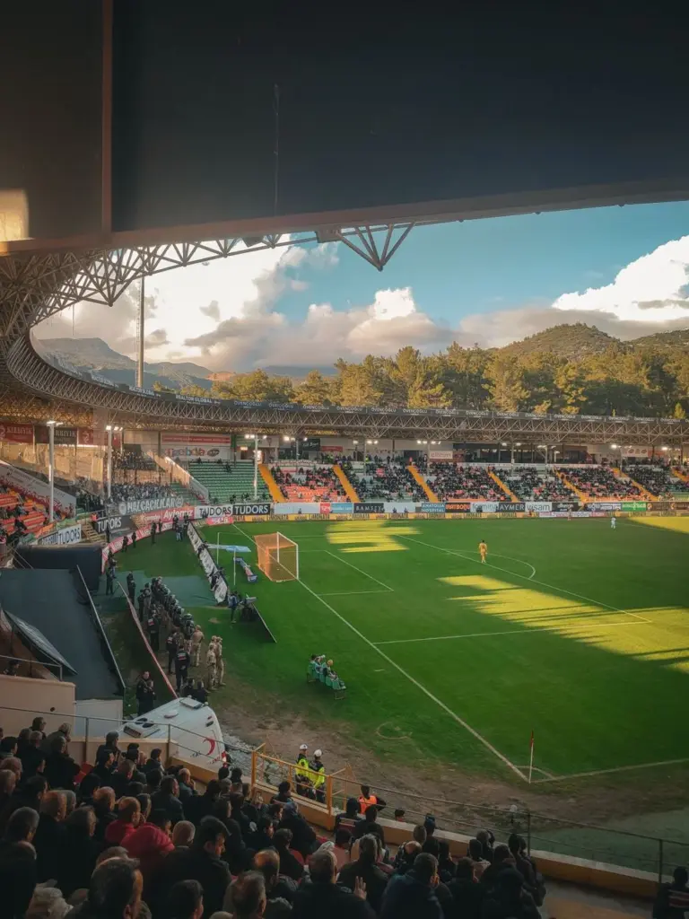 A bustling soccer stadium at sunset with spectators enjoying the game amidst scenic mountains.