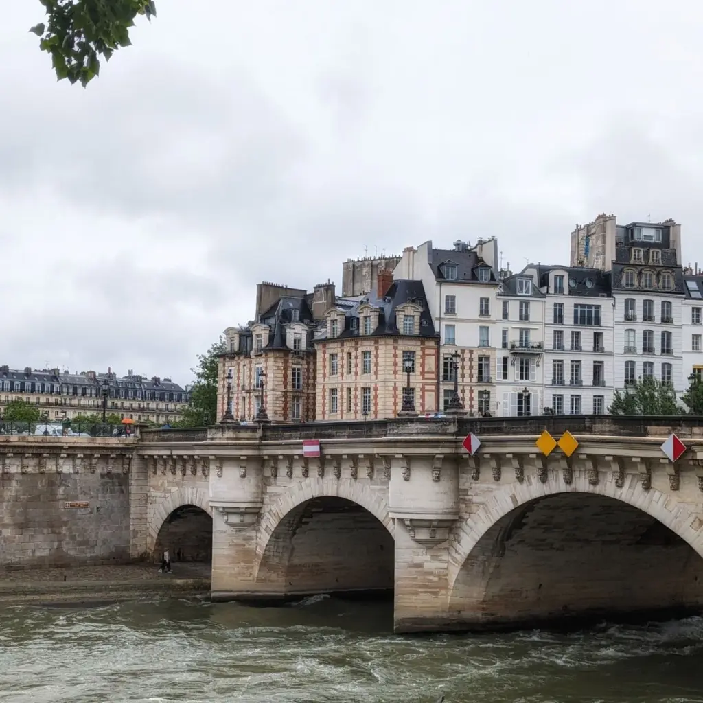Scenic view of classic Parisian buildings and stone bridge near Pont Neuf on a cloudy day.