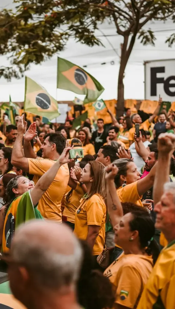 Crowd of people in Brazil waving flags during a peaceful protest rally.